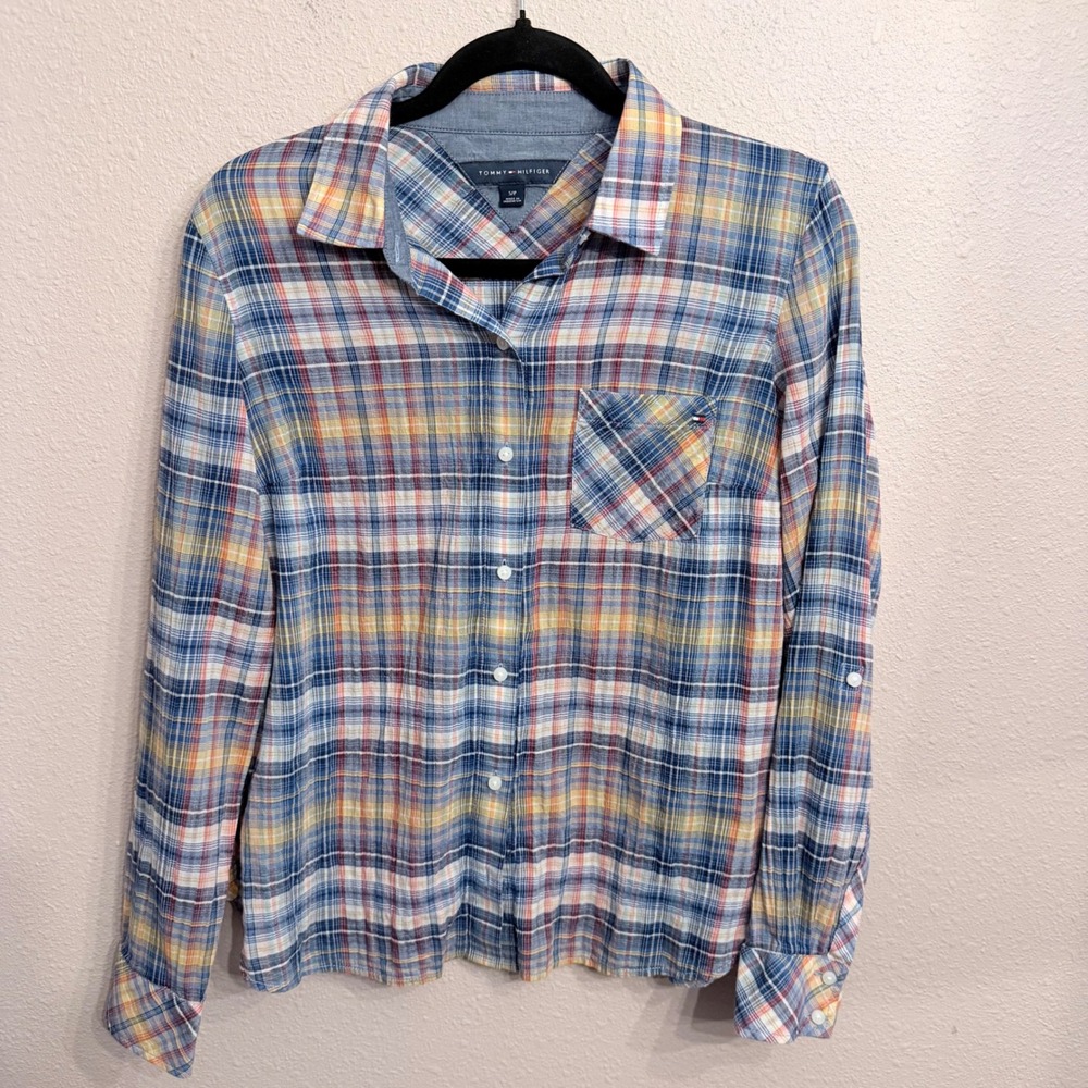 Tommy Hilfiger Womens Plaid Button Down Shirt Blue Yellow Red Small Roll Sleeve
